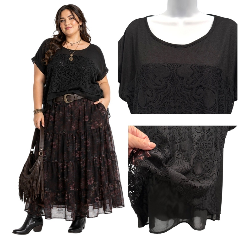 NOBO 3X/21 Black Lace Overlay Top Jr Plus Size 3X Boho Chic Romantic Goth